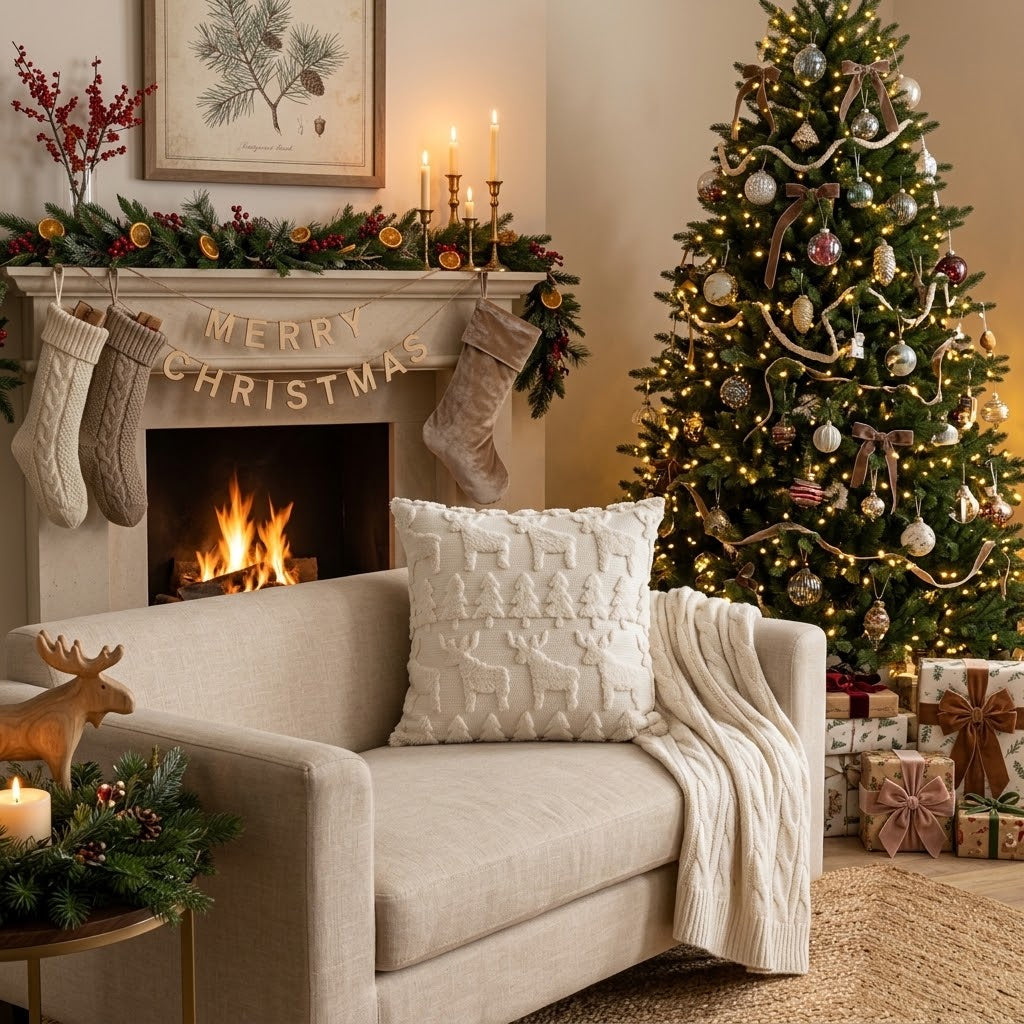 Christmas Reindeer & Pine Tree Cushion Cover